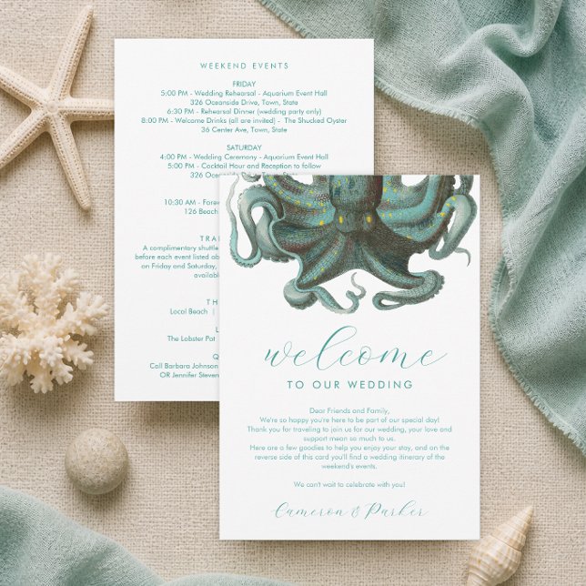 Bläckfisk Grön Akvariedetalj Bröllop Välkomstprogr Tack Kort (Green Octopus Aquarium Wedding Welcome Letter weekend events schedule itinerary by Concertina Press)