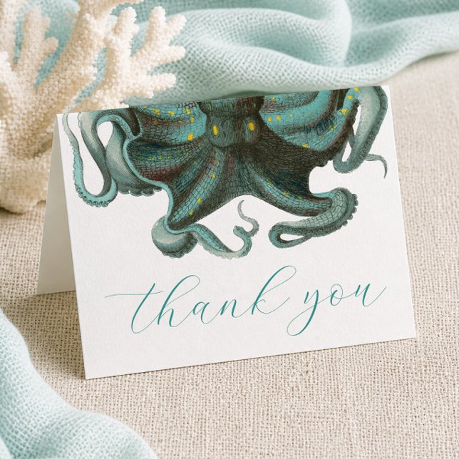 Bläckfisk Grön Akvarium Bröllop Faltad Tack Kort (Green Octopus Thank You Card for an Aquarium Wedding or Under the Sea Party by Concertina Press)