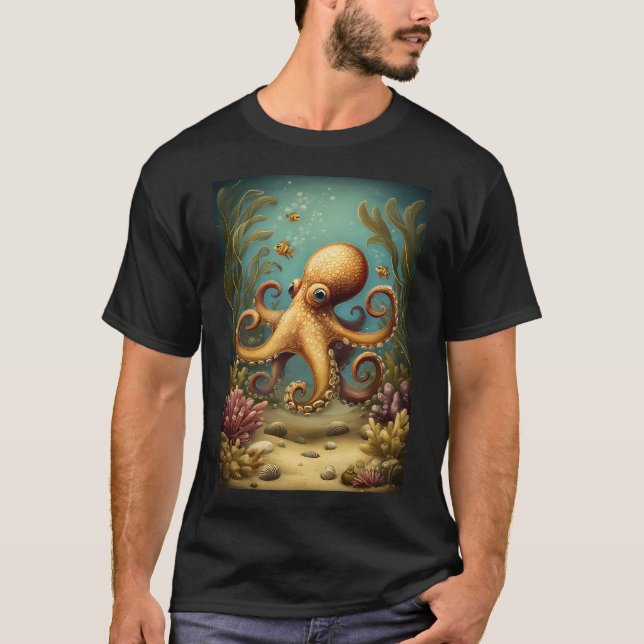 Bläckfisk omgiven av marint liv t shirt (Framsida)