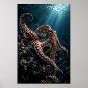 Bläckfisk på klippig rev i djupblå havsmiljö poster