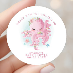 Bläckfisk Rosa Akvarell Flick Baby Shower Tack Runt Klistermärke