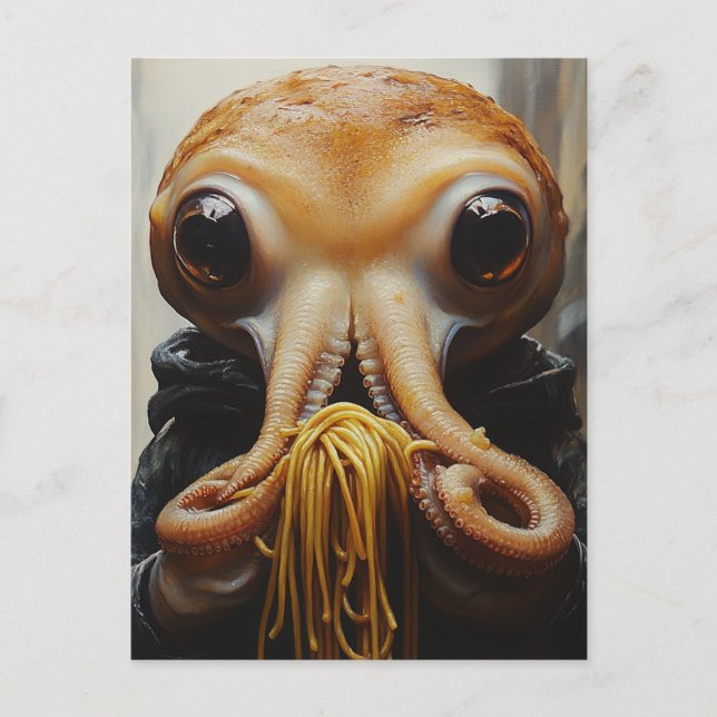 Bläckfisk som äter spaghetti vykort (Framsida)
