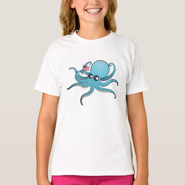 Bläckfisk som håller den amerikanska flaggan t shirt (Framsida)