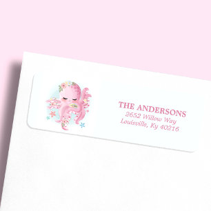 Bläckfisk Söt Rosa Akvarell  Barnkalas Adress Returadress Etikett