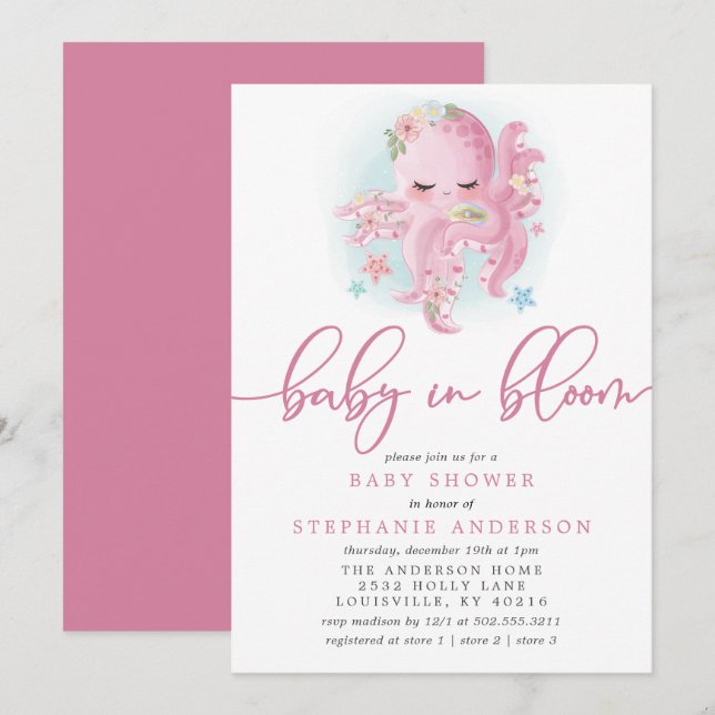 Bläckfisk Söt Rosa Bebis I Knopp Bebis Kalas Inbjudningar (Fram/baksida)