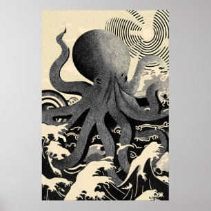 Bläckfisk Vägg Art Print, Marin Oceanvågor Poster
