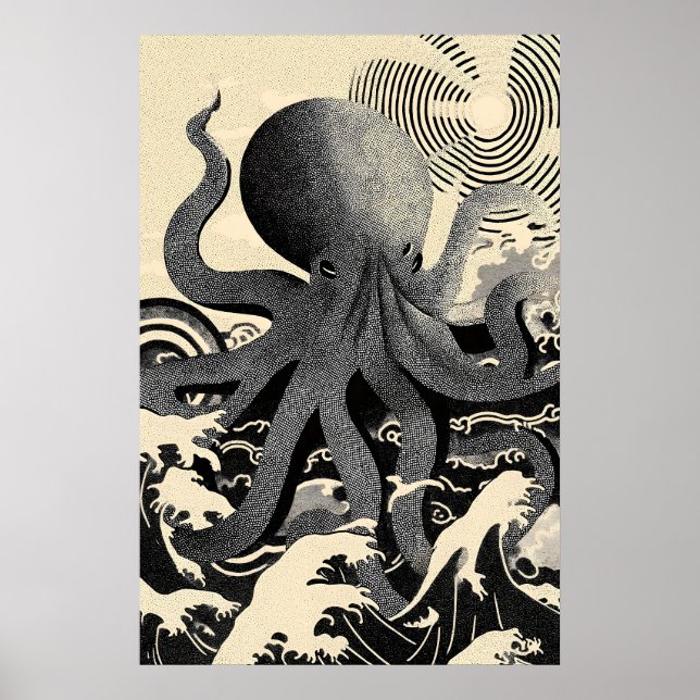 Bläckfisk Vägg Art Print, Marin Oceanvågor Poster (Framsidan)