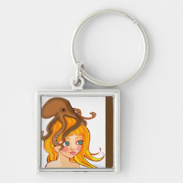 bläckfiskjungfrukeychain fyrkantig silverfärgad nyckelring (Framsidan)