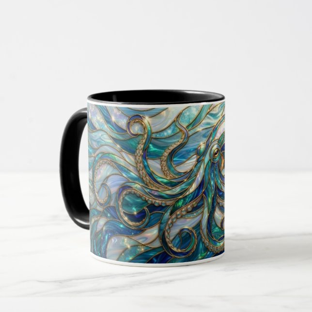 Bläckfiskmugg i glasmåleri, Kaffe-/Te-mugg med Blä Mugg (Framsida vänster)