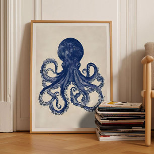 Bläckfisktryck Linocut Vintage Affisch Retro Bläck