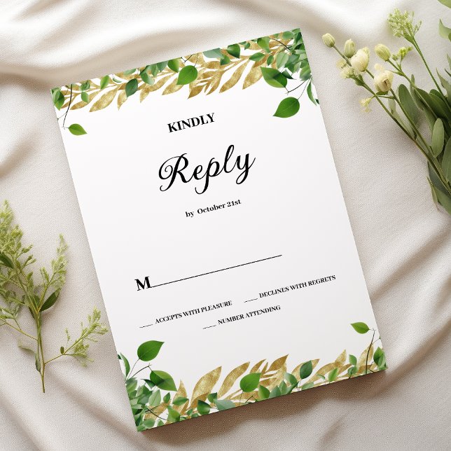 Bläckgröngul lövlöv i guld Bröllop OSA Inbjudningar (Botanical greenery gold foliage Wedding RSVP)
