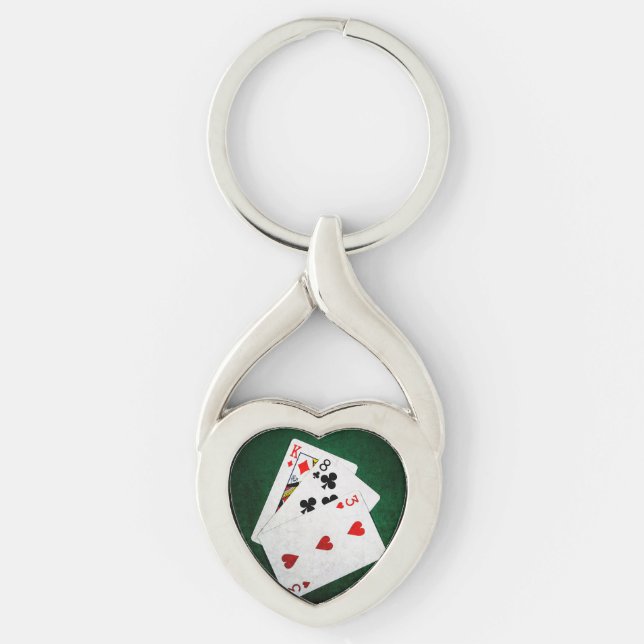 Blackjack 21 poäng - Kung, åtta, tre Twisted Heart Silverfärgad Nyckelring (Framsidan)