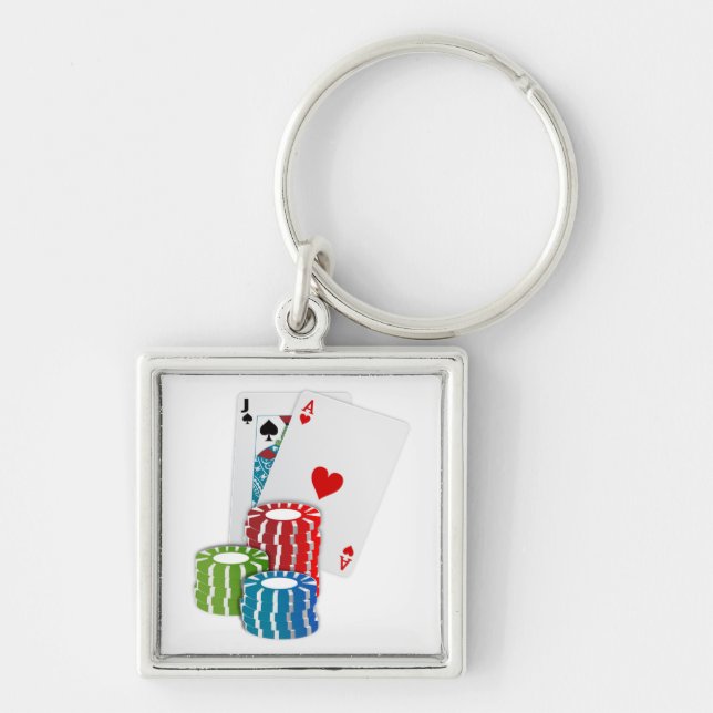Blackjack med Chip Fyrkantig Silverfärgad Nyckelring (Framsidan)