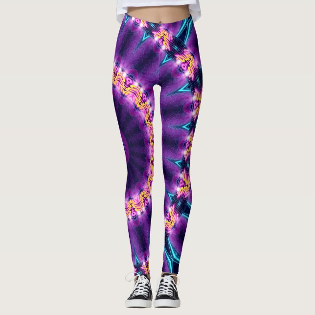 Blacklight för kosmisk neonsolros hänförd Mandala Leggings (Framsida)
