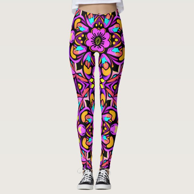 Blacklight Stil Neon Vild Flowers Leggings (Framsida)