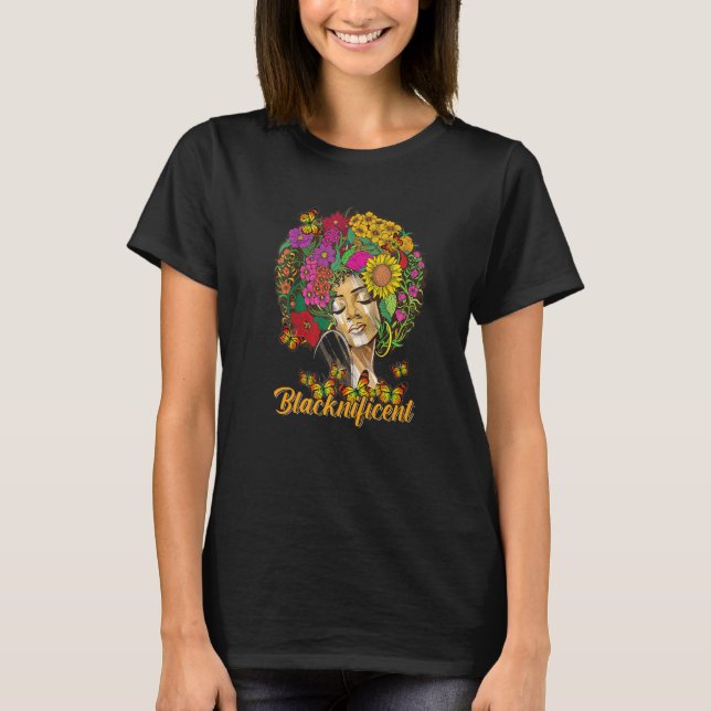 Blacknificent Blommigt Afro Hair Butterfly African T Shirt (Framsida)
