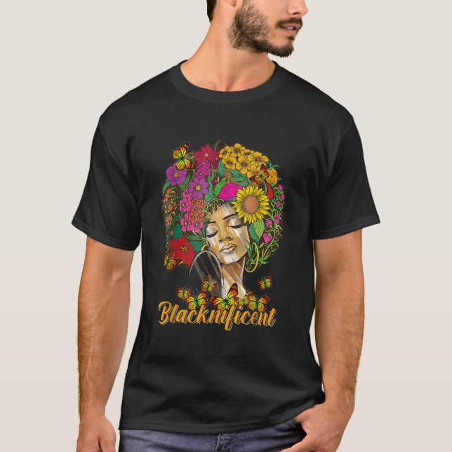 Blacknificent Blommigt Afro Hair Butterfly African T Shirt (Framsida)