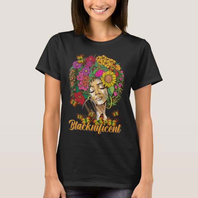 Blacknificent Floral Afro Hair Butterfly African A T Shirt (Framsida)