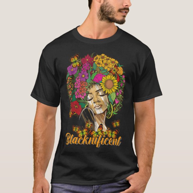 Blacknificent Floral Afro Hair Butterfly African A T Shirt (Framsida)