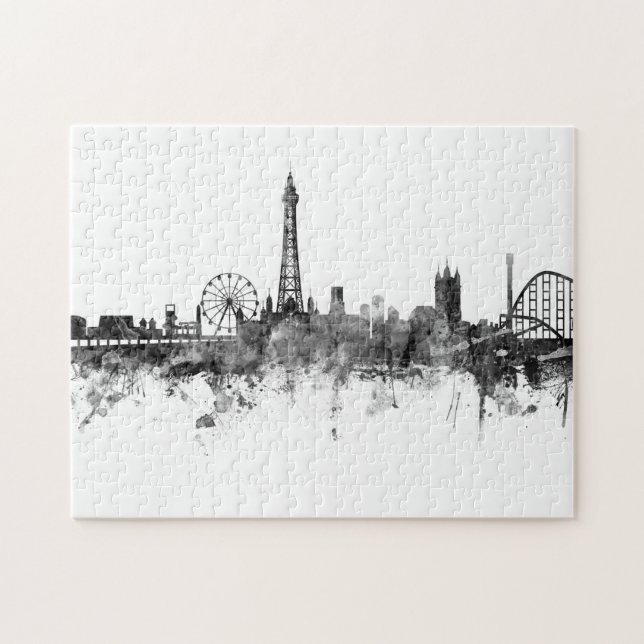 Blackpool England Skyline Black White Pussel (Horisontell)