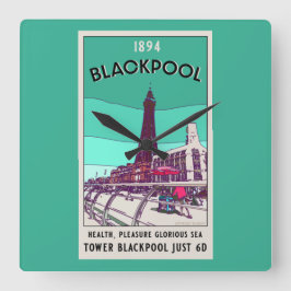 Blackpool Seaside Resort England Vintage Art Fyrkantig Klocka