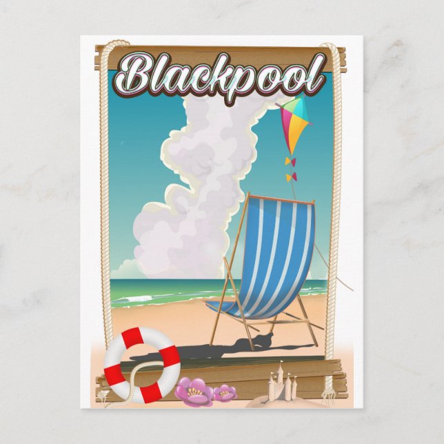 Blackpool strand reseskylt vykort (Framsida)