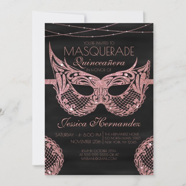 BlackRose Guld Glitter Snöre Masquerad Quinceañera Inbjudningar (Framsida)