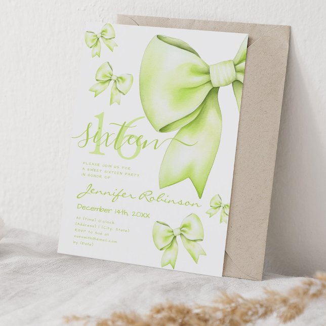 Bläckrött bläckrök 16 inbjudningar (Cute Coquette Lime Green Bow Sweet 16 Invitation)