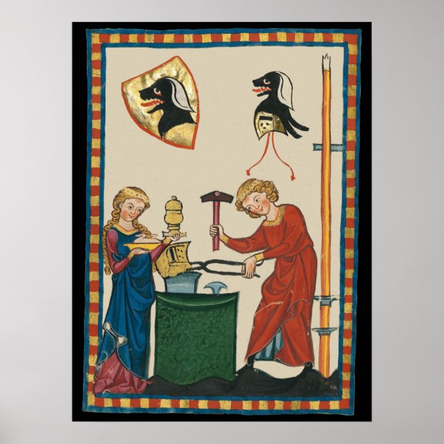 Blacksmith Forging Helmet Medieval Art Poster (Framsidan)