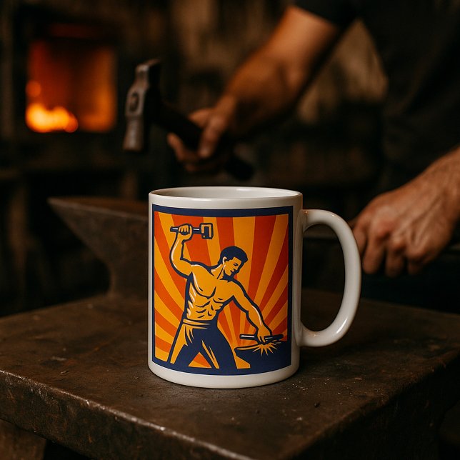 Blacksmith Hammering Retro Strongman Labor Kaffemugg (Skapare uppladdad)