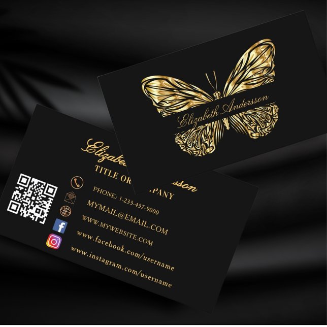 Bläcksvart guld QR-kod social-media Visitkort (Skapare uppladdad)