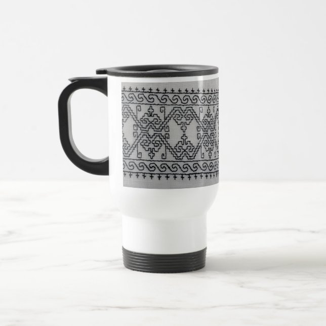 Blackwork embroidery travel mug resemugg (Vänster)