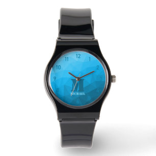 Blåcyangeometriskt nät mönster Monogram Armbandsur