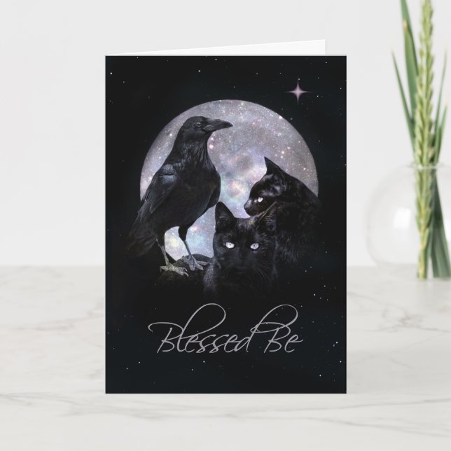 Blad Be Raven och Black Cat Wicca Birthday Kort (Framsida)