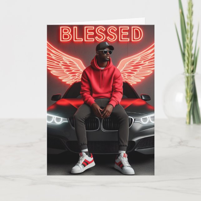 Blad Black Man-Urban Neon Angel Vingar Birthday Kort (Framsida)