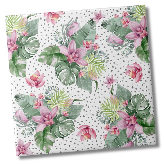 Blad Blommig Tropiskt Mönster Kakelplatta (Cute Trendy Dot Floral Watercolor Tropical Pattern Ceramic Tile)