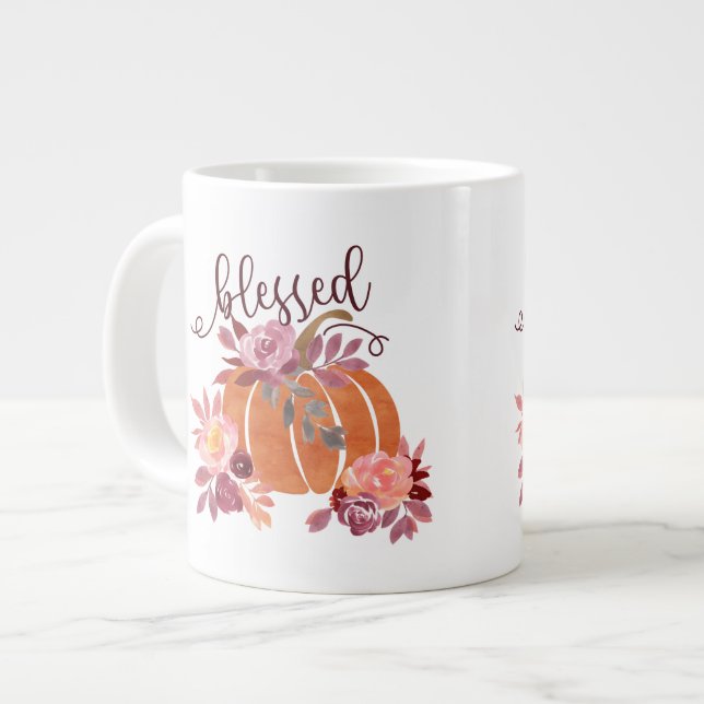 Blad - Fall Pumpkin med Rosa Flowers Jumbo Mugg (Framsida vänster)