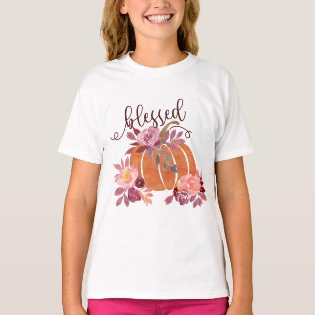 Blad - Fall Pumpkin med Rosa Flowers T Shirt (Framsida)