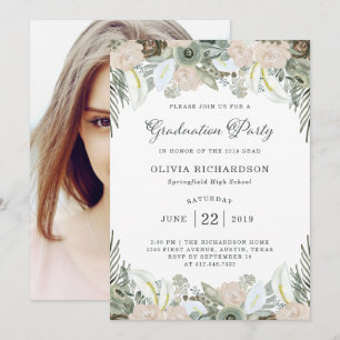 Blad och Blommigt Sage Grönt Grad Party Photo Inbjudningar