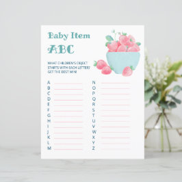 Blad till baby shower-spel med söta jordgubbar.