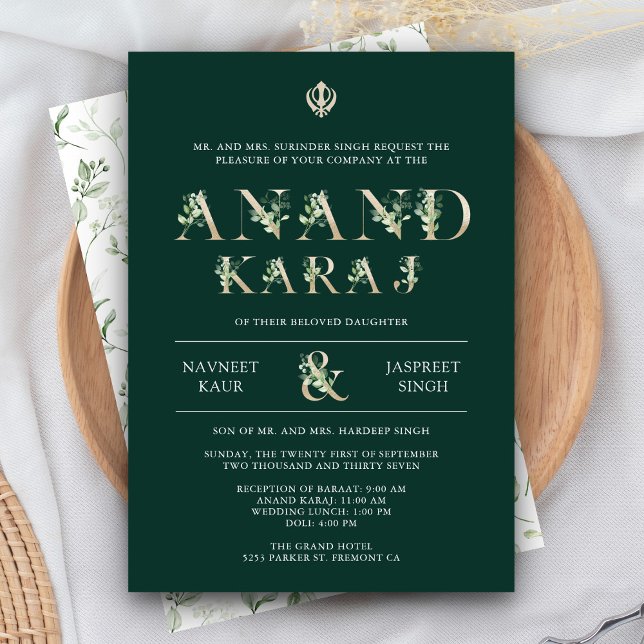 Blad Typografi Grön Anand Karaj Sikh Bröllop Inbjudningar (Skapare uppladdad)