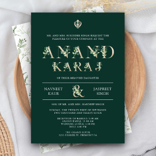 Blad Typografi Grön Anand Karaj Sikh Bröllop Inbjudningar