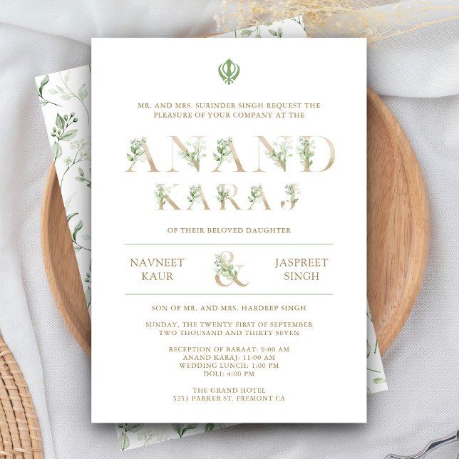 Blad Typografi Vit Anand Karaj Sikh Bröllop Inbjudningar (Skapare uppladdad)
