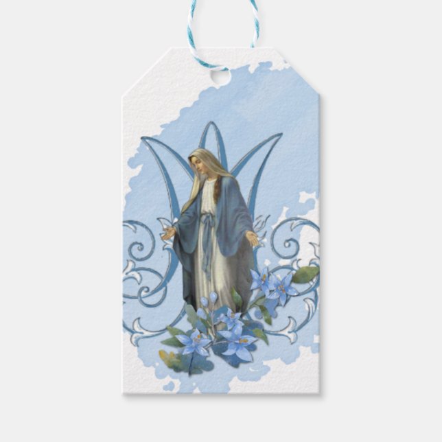 Blad Virgin Mary-Religiösa, katolsk blå Blommigt Presentetikett (Framsidan)