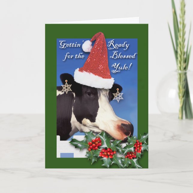 Blad Yule, Winter Solstice, Cow i Santa Hat Kort (Framsida)