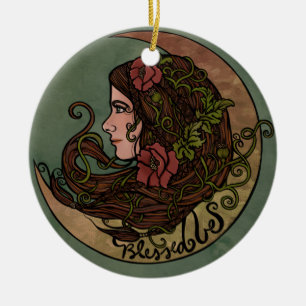 Bladad Blanka Måne guddess Pagan Art Julgransprydnad Keramik