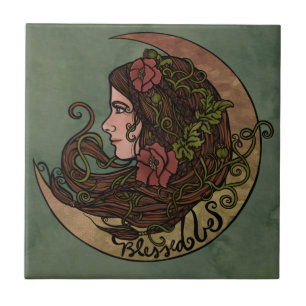 Bladad Blanka Måne guddess Pagan Art Kakelplatta