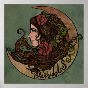 Bladad Blanka Måne guddess Pagan Art Poster