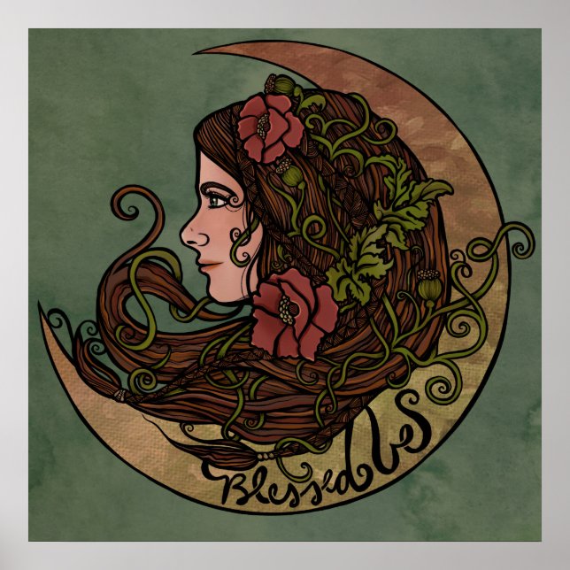 Bladad Blanka Måne guddess Pagan Art Poster (Framsidan)
