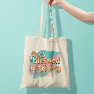 Bladad Mamma Teal Rosa och Guld Glitter Typografi Tygkasse